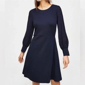 LOFT | Knit A-Line Dress with Crepe Eyelet Sleeves | Navy Blue | 14